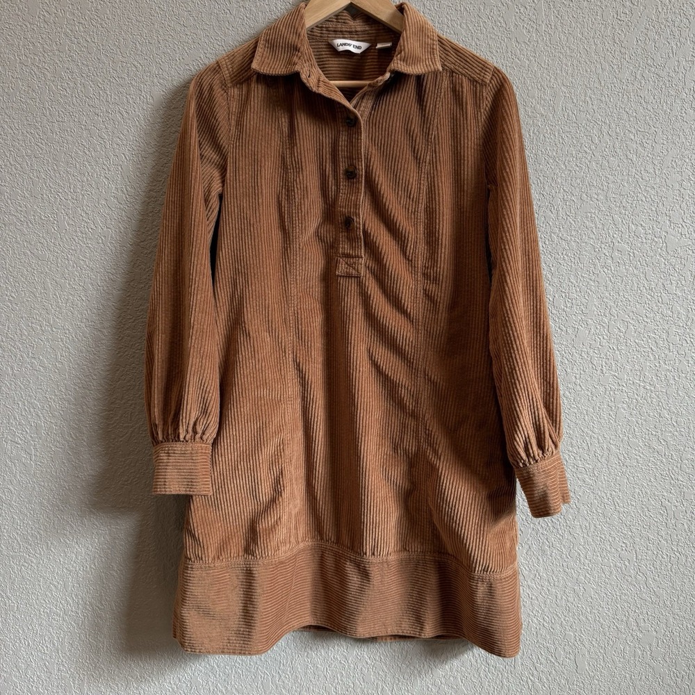 Lands End Women's XS (2-4) Tan Wide Wale Corduroy Collared Shirt Dress Pockets